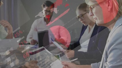 Poster - Animation of multicolored infographic interface over diverse coworkers analyzing reports in office