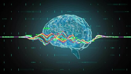 Poster - Animation of multicolored graphs with changing numbers over illuminated human brain