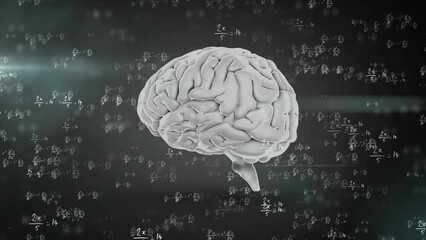 Poster - Animation of rotating human brain and mathematical equation over black background
