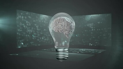 Poster - Animation of human brain in light bulb over mathematical equation against abstract background