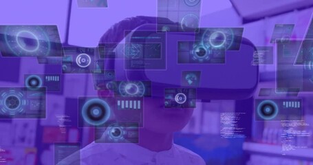 Poster - Animation of graphs, circles, sonars and computer language over biracial boy using vr headsets