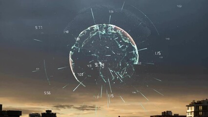 Poster - Animation of illuminated numbers around globe over silhouette of building against sky