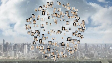 Poster - Animation of profile picture forming globe over aerial view of modern cityscape against cloudy sky