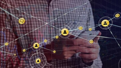 Poster - Animation of connected icons over midsection of caucasian man chatting using smartphone