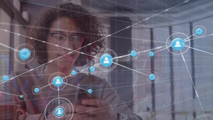 Poster - Animation of connected icons with graphs and changing numbers, biracial man using cellphone