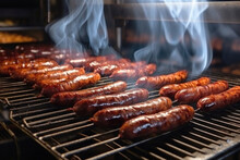 Photo Of Hot Dogs Grilling On A Summer Day. Industrial Smoking Of Sausages And Meat Products In A Factory. Sausage In The Smokehouse. Flavorful Sausages.