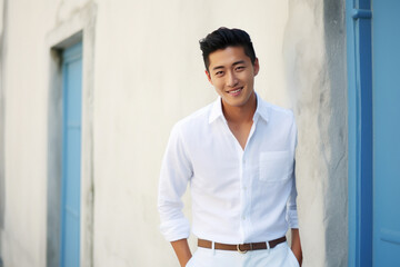 Wall Mural - Young japanese man in white shirt and pant.