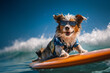 Brave dog in sunglasses riding a surfboard in the ocean. Created with Generative AI technology