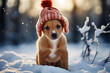 Sad cute puppy in a knitted warm hat sitting alone in a snowy forest on a winter day and looking at camera