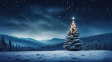 A Majestic Illuminated Christmas Tree Stands In A Snowy Meadow, Surrounded By A Dense Pine Forest Under A Starry Night Sky.