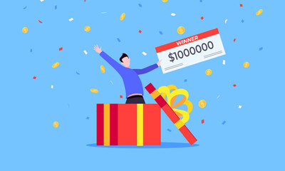 Happy lottery winner with big prize paycheck. Fortune lottery or casino gambling lucky games concept flat style design vector illustration. Person jumps in the air from big gift box.