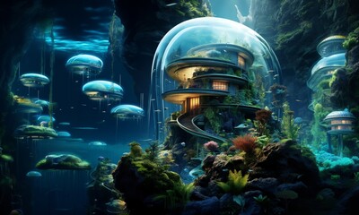 Science fiction scene of fantasy alien planet. Underwater world. 3D illustration.