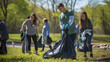 Volunteers are diligently collecting trash in bags at a park, emphasizing community service and environmental responsibility.