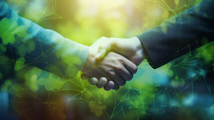 sustainability in business, two partner are shaking hands in office, deal, collaborative teamwork, e