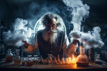 Mad Scientist In The Lab With Smoking Potions
