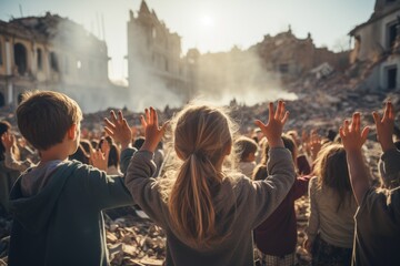 The crying faces of boys and girls raised their hands to pray to protection and to stop war. destroyed houses and the people grieving in the background