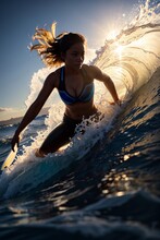 Beautiful Surfer Woman On A Surfboard On The Ocean Waves At Sunset