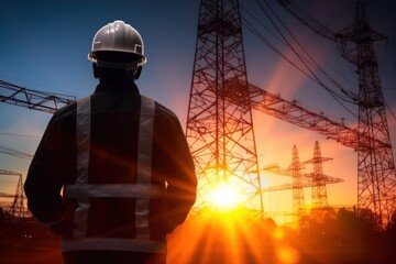 Picture of an electrical engineer standing and watching at the electric power station to view the planning work by producing electricity at high voltage electricity poles.