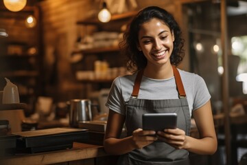 Happy woman, tablet and portrait of barista at cafe for order, inventory or checking stock in management. Female person, waitress or employee on technology small business at coffee shop restaurant