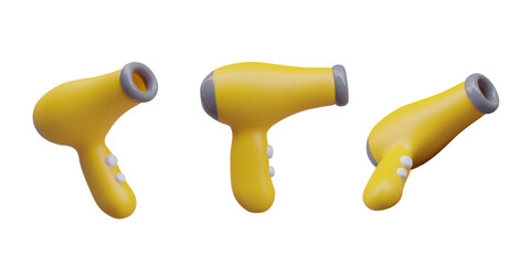 Set of cordless yellow hair dryers with buttons. Electric device for drying hair. Hairdresser, barber, groomer equipment. Isolated vector illustration