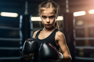 Wall Mural - The portrait of a confident little female boxing fighter posing by rising her fits shot in a gym with punching bags. Generative AI.