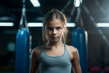 Wall Mural - The portrait of a confident little female boxing fighter posing by rising her fits shot in a gym with punching bags. Generative AI.