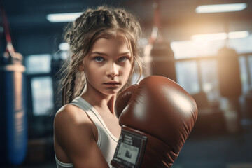 Wall Mural - The portrait of a confident little female boxing fighter posing by rising her fits shot in a gym with punching bags. Generative AI.