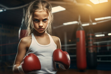 Wall Mural - The portrait of a confident little female boxing fighter posing by rising her fits shot in a gym with punching bags. Generative AI.