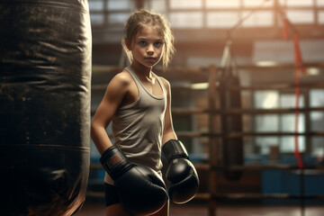 Wall Mural - The portrait of a confident little female boxing fighter posing by rising her fits shot in a gym with punching bags. Generative AI.