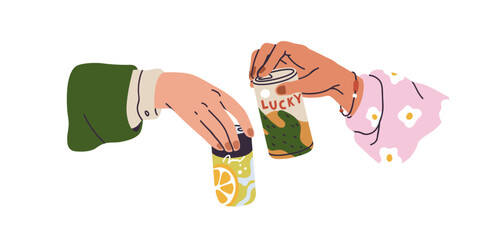 Sticker - Two hands holding tin bottles, cheers. Friends with aluminium cans, celebrating holiday. Toast with lemonade drink, fizzy beverage. Flat graphic vector illustration isolated on white background