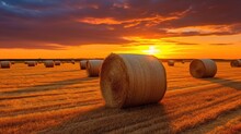 A Beautiful Sunset Over A Group Of Four Straw Bales. The Light Of The Setting Sun Has Cast A Glorious Golden Light Over The Front Of The Bales. A Stunning Harmony Of Man Made Bales In Natural Surround