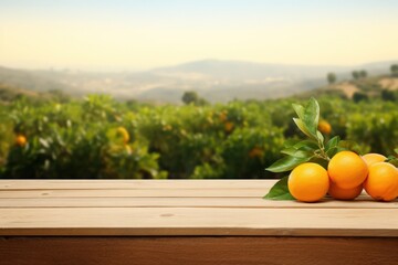 Sticker - Wooden table top ander orange trees covered with orange fruits. Blurred sunny orchard garden at the background.	