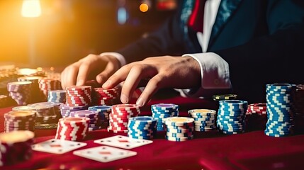 Gambling concept. Close up of Poker Player male hand throwing dice at casino, gambling club. ?asino chips or Casino tokens, poker cards, gambling man lucky guy spending time in games of chance.
