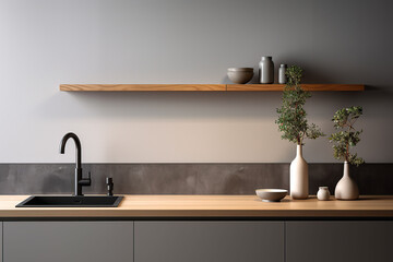 Wall Mural - Interior of modern kitchen with countertop, sink, faucet and plant