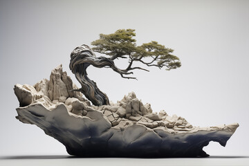 Bonsai on hard abstact rock. Bonsai grows on abstract rock form. Isolated, studio photography.