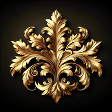 Gold Metal Decorative Leaves Isolated On Black Background, Beautiful Floral Golden Ornaments.