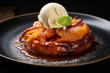 Canvas Print - A celebration of apples and caramel, the tarte Tatin, with its upside-down elegance, gleams invitingly, juxtaposed with a melt-in-mouth vanilla ice cream.