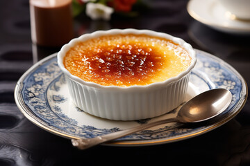 Poster - The pinnacle of French dessert elegance, a crème brûlée tempts with its glistening caramel crust, promising a velvety custard revelation beneath.