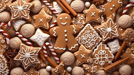 Wall Mural - Abstract background with Christmas gingerbread pieces and cookies on brown background. Horizontal composition.