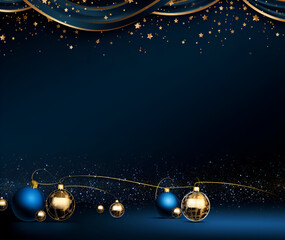 Wall Mural - Christmas and New Year minimalist background. Golden stars and blue and gold Glass Balls on Navy blue background with copy space for text. The concept of Christmas and New Year holidays