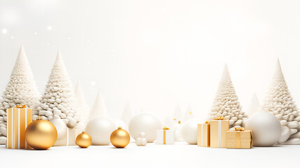 Wall Mural - Christmas and New Year background in white colors. White Christmas trees with golden star in a snowy forest and Christmas golden decorations on a light bokeh background with copy space for text.