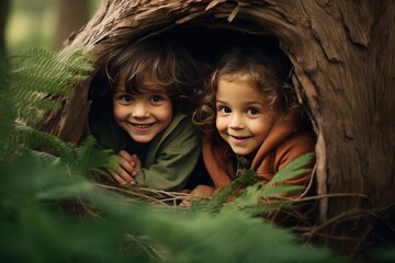 Show the charming and carefree spirit of children as they enjoy their outdoor hide and seek game photo. Generative AI