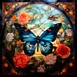 Stained glass style illustration with blue butterfly and flowers, leaves, square image.