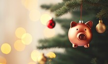 Piggy Bank Christmas Decoration Hanging On A Christmas Tree Branch. Seasonal Savings And Costs