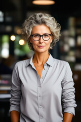 Wall Mural - Woman with glasses standing in room with lights.