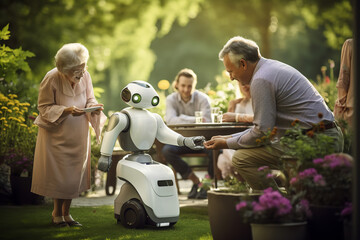 Wall Mural - In a serene park setting, elderly folks are aided by caregiver robots, ensuring their mobility and engagement in activities, 
reflecting the blend of compassion and technology.