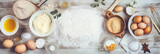 Fototapeta  - bannière web représentant une table vue de dessus avec les ingrédients pour faire de la pâtisserie