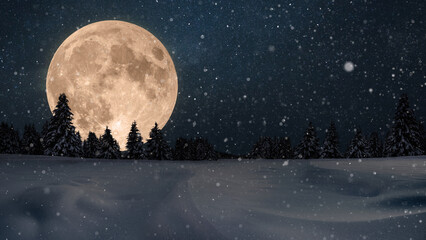 Poster - amazing christmas eve night in the forest with snow and starry sky with a beautiful full moon, conce