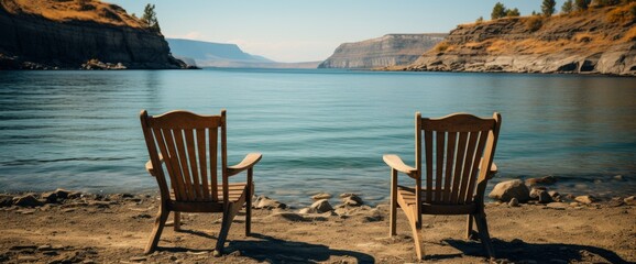 Wall Mural - Pair Wooden Chairs Overlooking Waterton Lakes , Background Image For Website, Background Images , Desktop Wallpaper Hd Images