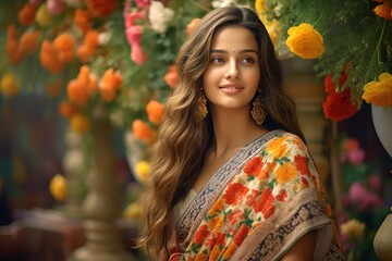 A beautiful positive Indian girl in traditional national clothes, a saree and jewelry, poses in a paradise flower garden.